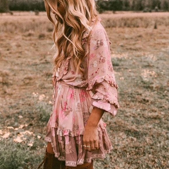 SOLD OUT Boho Gypsy Floral Long Sleeve Ruffle Mini Dress - Picture 2 of 9